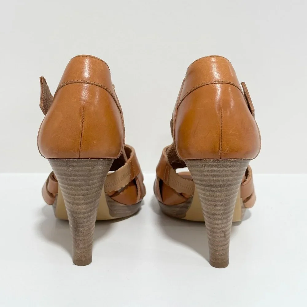 Jcrew Ares Platform Brown Tan Cognac Leather Strappy Sandal Heel Size 8